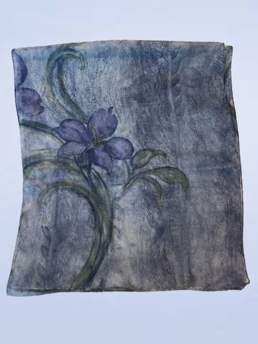 Polyester Scarf with Purple Floral Print and Textured Grey Blue Background
